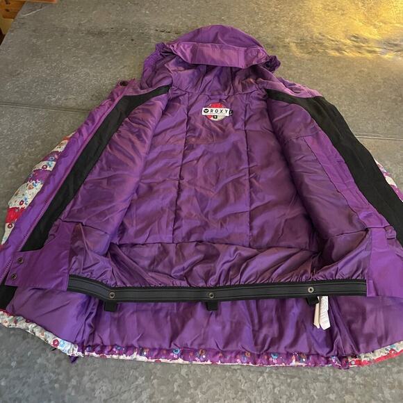 Roxy Girls 10K Hooded Insulated Ski Snow Jacket XL 16 Purple White Stripe Floral - Picture 5 of 14
